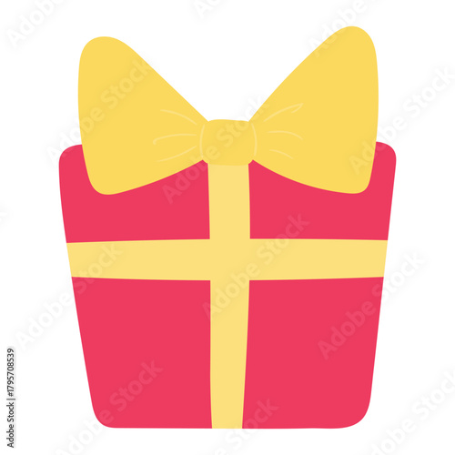 Birthday gift, present in box, wrapping paper with bow hand drawn illustration, isolated vector. Flat style design. Birthday celebration, festival, carnival, party clip art, element