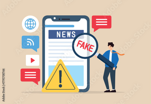 Flat illustration of man use magnifying glass to investigate social media fake news on phone screen with warning sign misinformation false information hoax cheating scam website