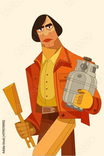 Stylized Retro Villain Character Illustration Holding Tools