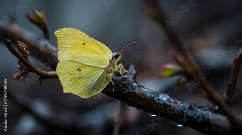  Close-up of a delicate, bright yellow early spring butterfly (Brimstone or Mourning Cloak) resting on a wet, dark tree branch
