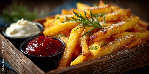 French fries serving with ketchup and mayonnaise dips, rosemary detail