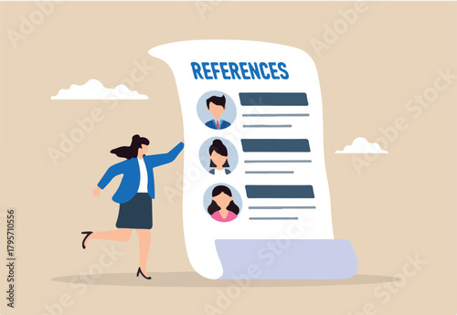 Flat illustration of businesswoman hold reference documents with list people and work experience professional recommendation