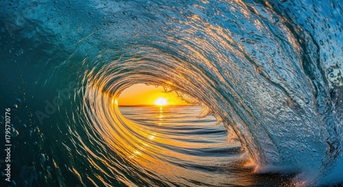 Fototapeta Naklejka Na Ścianę i Meble -  Dramatic ocean wave barrel at sunset, with the sun peeking through the translucent water, creating a breathtaking view of natures power and beauty