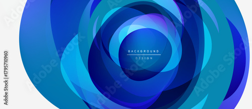 Abstract blue layers create dynamic circular pattern. Modern design evokes movement, depth, visual interest. Minimalist text present.