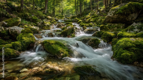  Close-up of crystal-clear meltwater flowing rapidly over moss-covered stones in a sunny forest