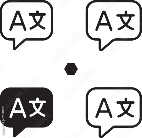Isolated Language Icons black vector set, translation speech bubble icons, communication digital vector symbols, minimal outline filled thin stroke, multilingual language vector design symbols