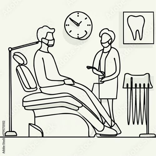Male patient sitting on dental chair while talking to dentist  
