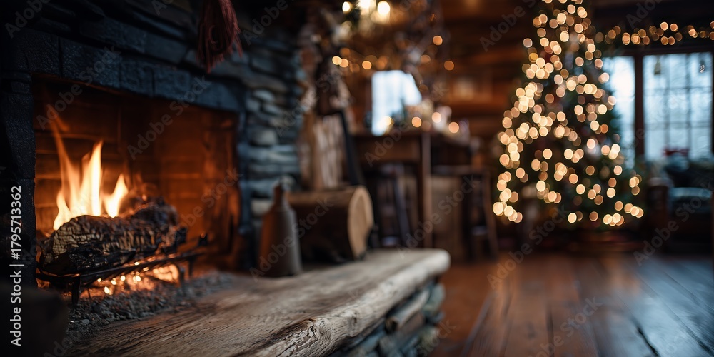 Naklejka premium Cozy wooden cabin living room with roaring stone fireplace and bokeh-lit Christmas tree in warm glow. Rustic holiday hearth comfort, inviting festive winter sanctuary vibe.