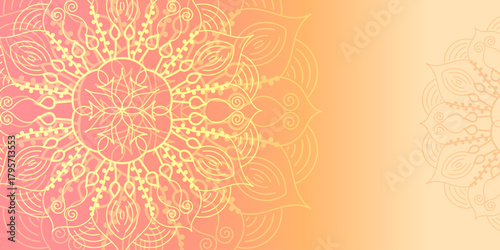 Intricate mandala design on pink and yellow. Mandala background for decoration invitation, cards, logos, cover, brochure, flyer, banner. Islam, arabic, Indian, ottoman motifs