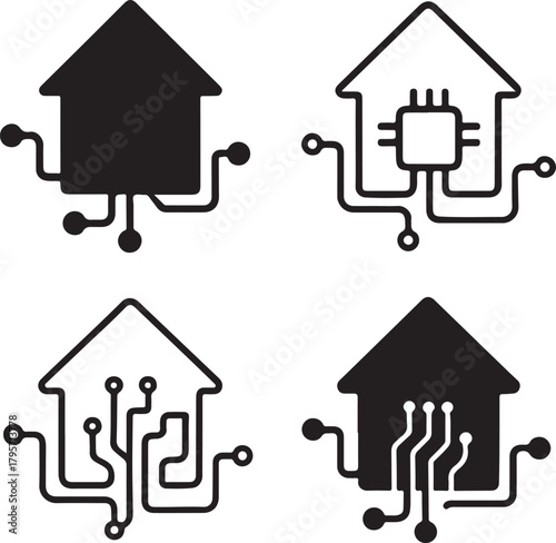 Isolated Home Circuit Icons black vector set, smart home icons, house technology digital symbols, solid black tech circuits, minimal outline filled thin stroke, smart chip connections design