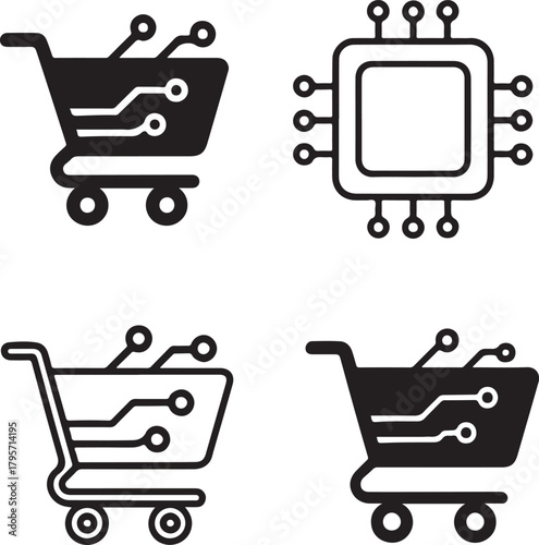 Isolated E-commerce Circuit Icons black vector set, shopping cart icons, online store digital symbols, solid black tech circuits, minimal outline filled thin stroke, smart chip connections design