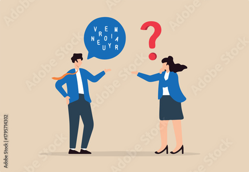 Flat illustration of businessman speak with jumbled letter in speech bubble symbolizing unclear message or confusion communication