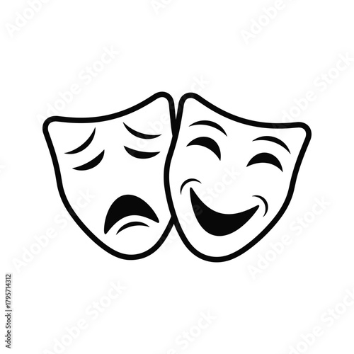 Black and white illustration of happy and sad theater masks side by side comedy mask tragedy mask