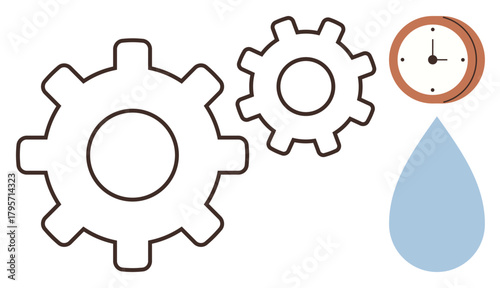 Two interlocking gears, a clock, and a water droplet symbolize efficiency, time management, and resource conservation. Ideal for themes thumbs up productivity, sustainability, engineering, precision