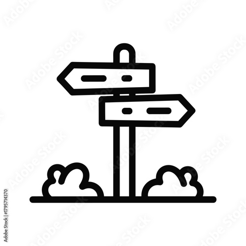 Black and white line art directional signpost with bushes arrow choice