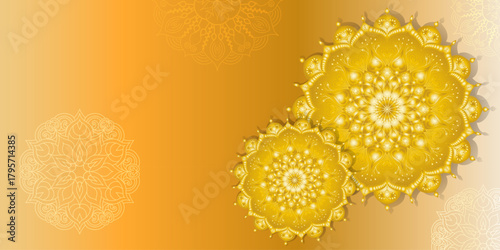 Intricate gold mandala design on orange. luxury mandala background for decoration invitation, cards, logos, cover, brochure, flyer, banner. Islam, arabic, Indian, ottoman motifs