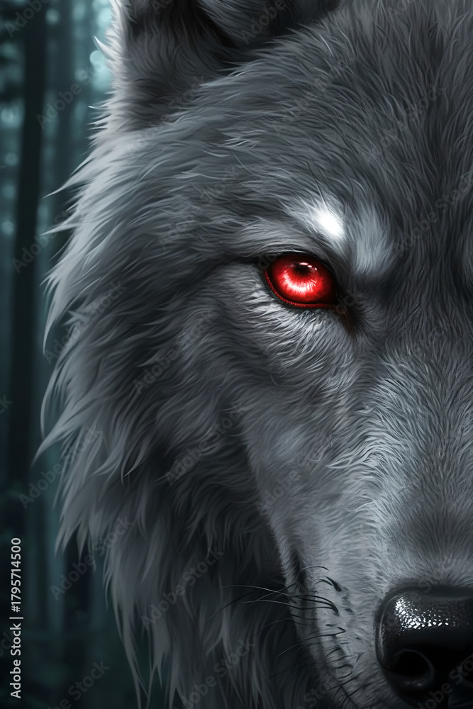 Fototapeta premium Intense close-up gray wolf portrait with glowing red eye in dark forest atmosphere