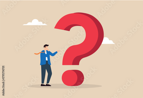 Flat illustration of businessman thinks with big red question mark problem solving faq frequently asked questions solution contemplation