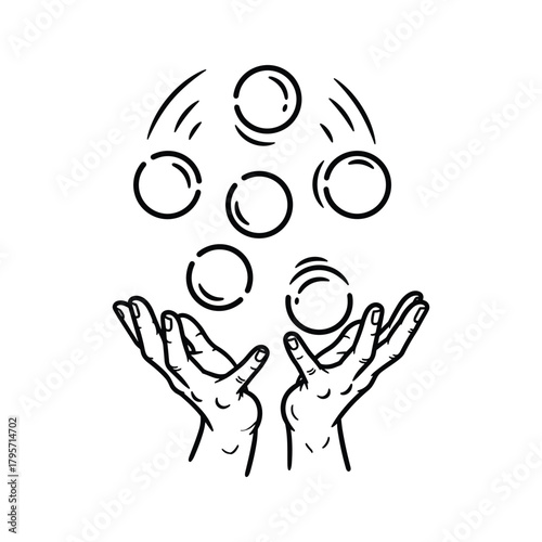 Black and white line drawing of hands juggling six circles balls tossing