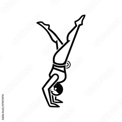 Black and white line art of a person doing a handstand with legs apart gymnastics yoga