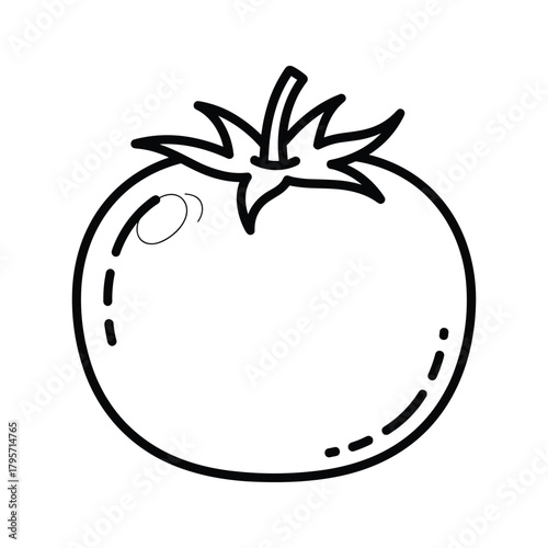 Black and white outline drawing of a ripe tomato with green stem fruit vegetable