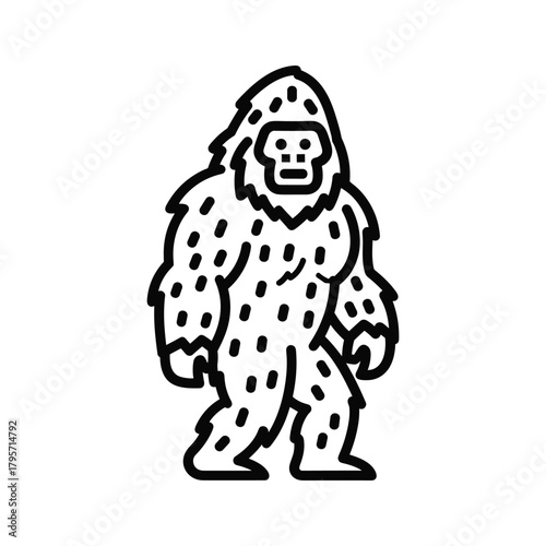 Black and white outline illustration of a Bigfoot creature sasquatch yeti