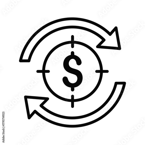 Black dollar sign in crosshairs with circular arrows on white background money finance