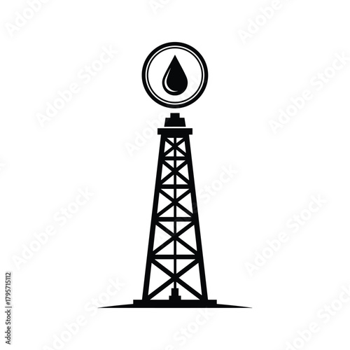Black oil derrick with drop symbol on white background oil rig oil drop