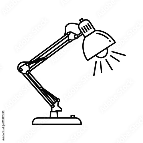 Black outline desk lamp with adjustable arm and light rays illumination lighting