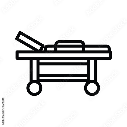 Black outline icon of a medical stretcher with adjustable headrest and wheels hospital bed gurney