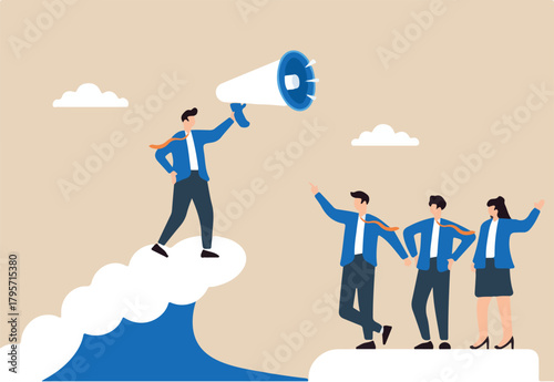 Flat illustration of business leader lifting megaphone above clouds giving startup direction to team