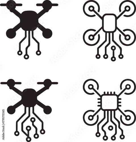 Isolated Drone Circuit Icons black vector set, aerial technology icons, flying drone digital symbols, solid black tech circuits, minimal outline filled thin stroke, smart chip connections design