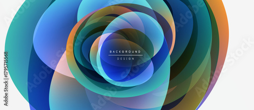 Abstract layers create vibrant circular design. Colors blend, forming dynamic visual effect. Modern, clean aesthetic.