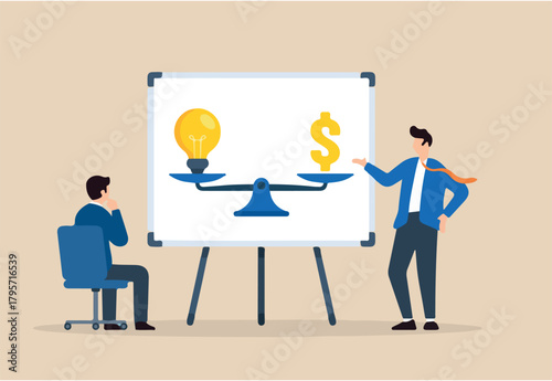 Flat illustration of confident businessman balancing lightbulb and dollar symbol on scale during sales pitch to client