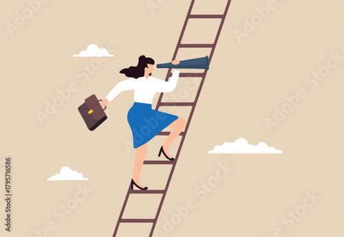 Flat illustration of businesswoman climb ladder looking telescope career opportunity business discovery searching new job visionary