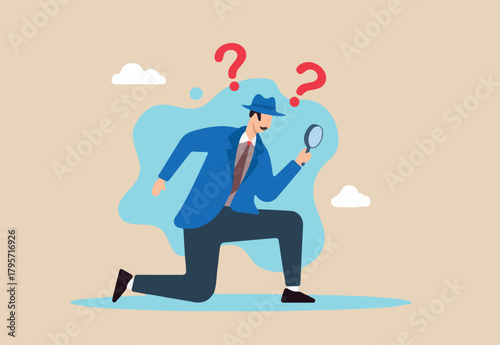 Flat illustration of businessman detective looks through magnifying glass with question marks searching for facts and solutions