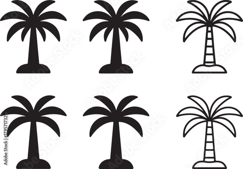 Isolated Date Palm Tree Icons black vector set, desert oasis plant icons, tropical Arabian palm symbols, minimal thin stroke outline filled design, greenery nature landscape vector symbols