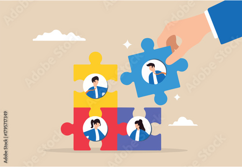 Flat illustration of HR businessman hand connects new joiner to jigsaw puzzle fitting into team effectively