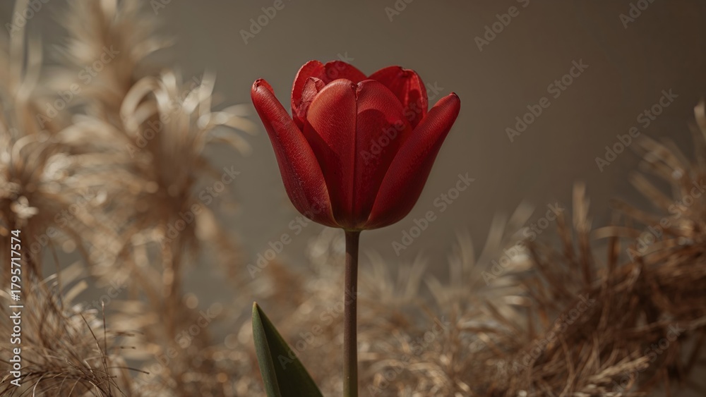 Obraz premium Single red tulip flower with green leaf amidst dry, beige grass and plants.
