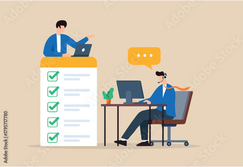 Flat illustration of support staff communicating checklist tasks to customer using headset and computer in remote service interaction