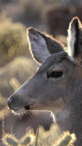 Vertical close up of Mule Deer with Cholla Cactus background.  Video taken at Red Rock Canyon National Conservation Area near Las Vegas, Nevada.