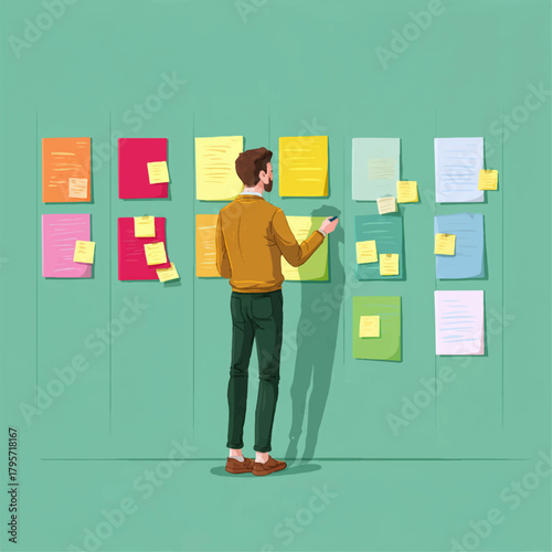 Businessman Organizing Sticky Notes on Large Planning Wall for Monthly Strategy Mapping Flat Vector Design
