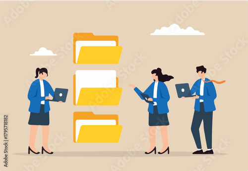 Flat illustration of business people work with paper document file folders organizing office contracts