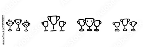 Trophy Faces Line Icon Set In Doodle Style. Achievement, Success, And Recognition Symbols Outline Sketch Collection. Celebratory And Motivational Icons. Hand Drawn Isolated Vector Illustration