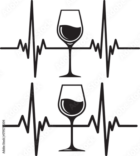Two wine glasses integrated into a heartbeat ekg line silhouette
