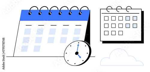 Page-a-day calendar, clock, and minimal cloud element symbolizing time coordination, task scheduling, event planning, deadline tracking. Ideal for productivity, organization, time management