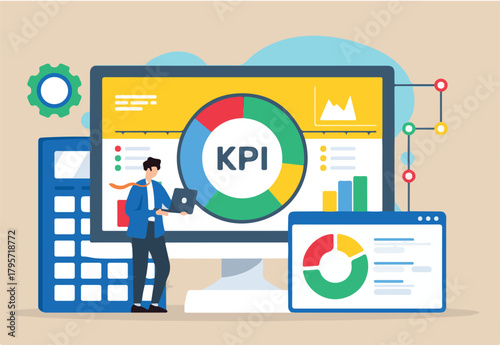KPI tracking, assessing metrics analysis concept vector illustration. Business analyst monitoring key performance indicators on dashboard