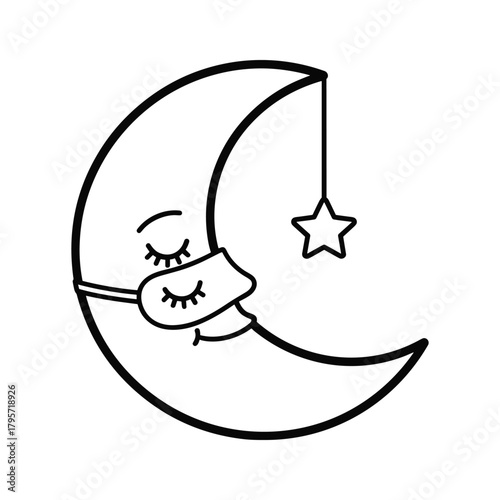 Sleeping crescent moon with closed eyes wearing a sleep mask and a star vector