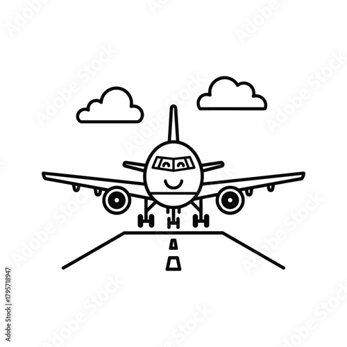 Smiling airplane with happy face on runway with clouds overhead aircraft travel