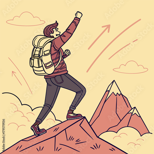 Fearless cartoon hiker on a dynamic mountain adventure